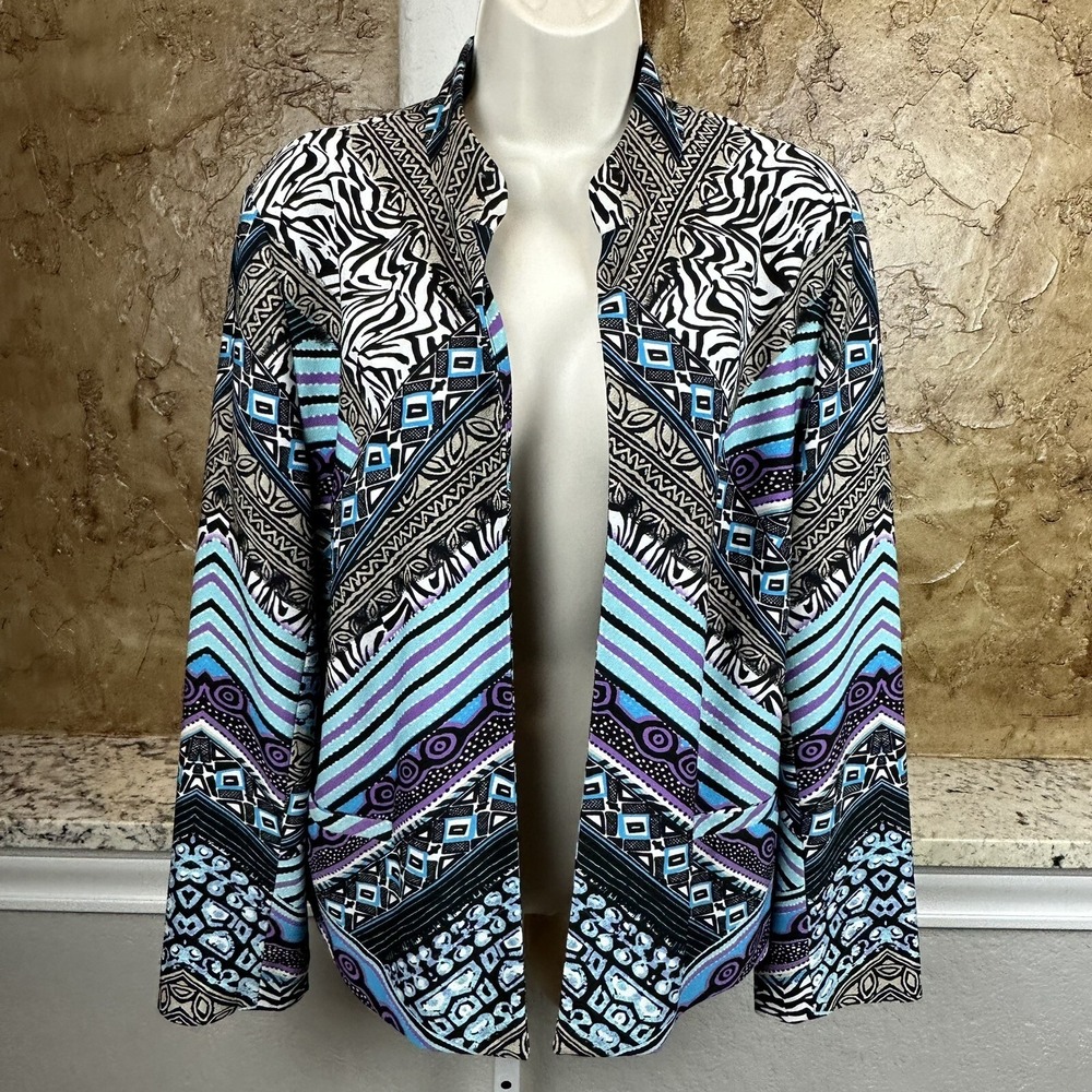Chico's Jacket Blue Purple Artsy Long Sleeve Coat Size‎ 2 Large L 12/14